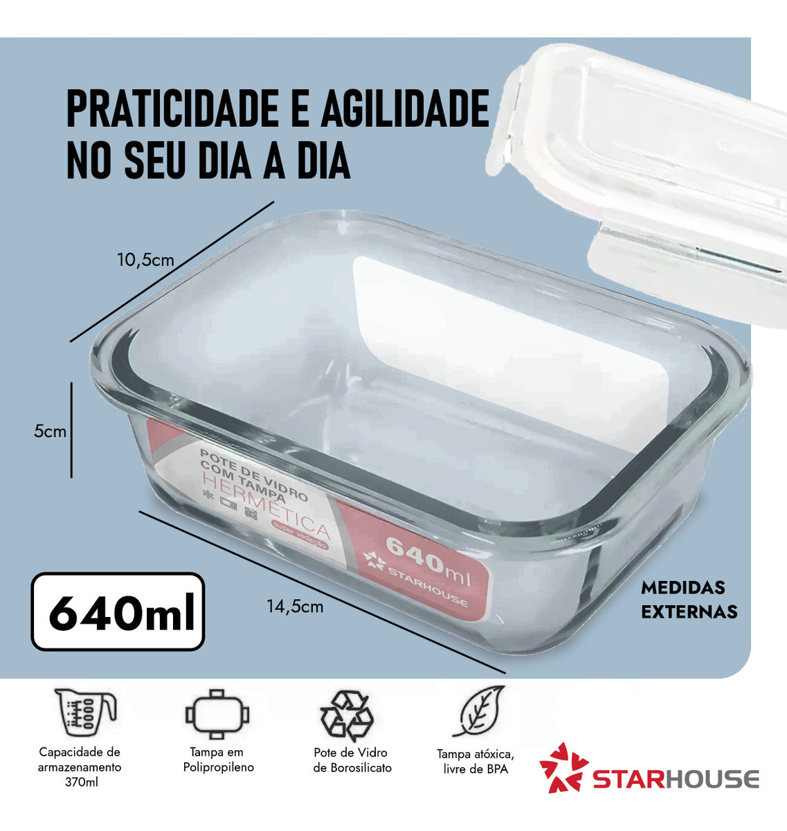 Kit 10 Potes Herméticos Vidro 640ml Starhouse Marmita Forno