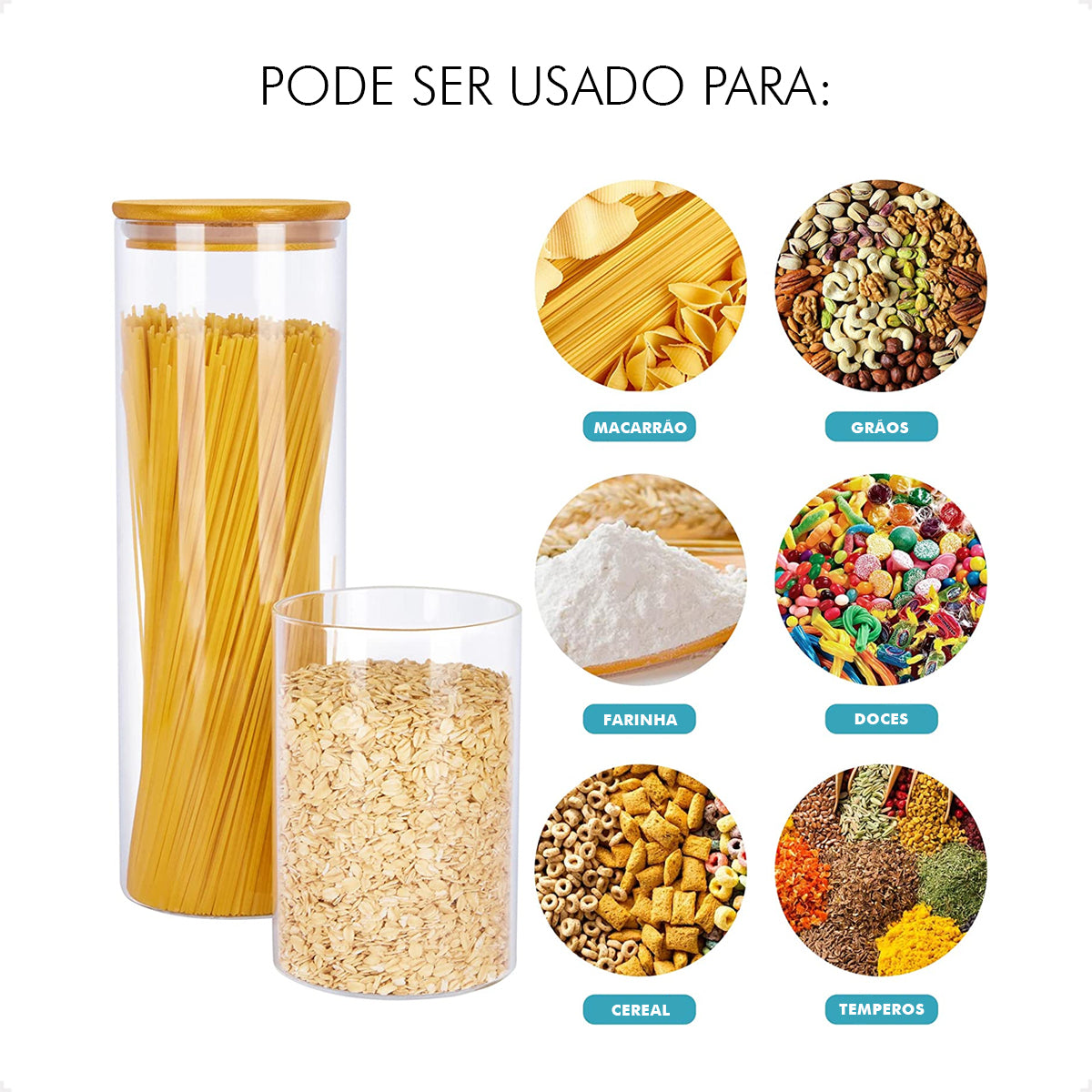 Kit 9 Potes Mantimentos Vidro Herméticos Com Tampa Bambu Alta Resistência Epsilon EPS-709