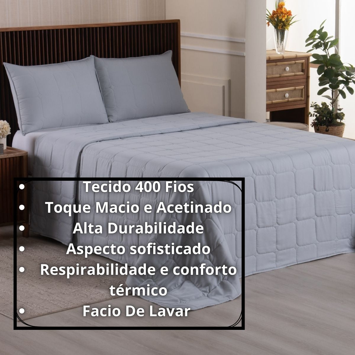 Colcha Cobre Leito King 3 Peças Percal 400 Fios Dupla Face Matelado Na Costura - Raraluz Casa - Cinza