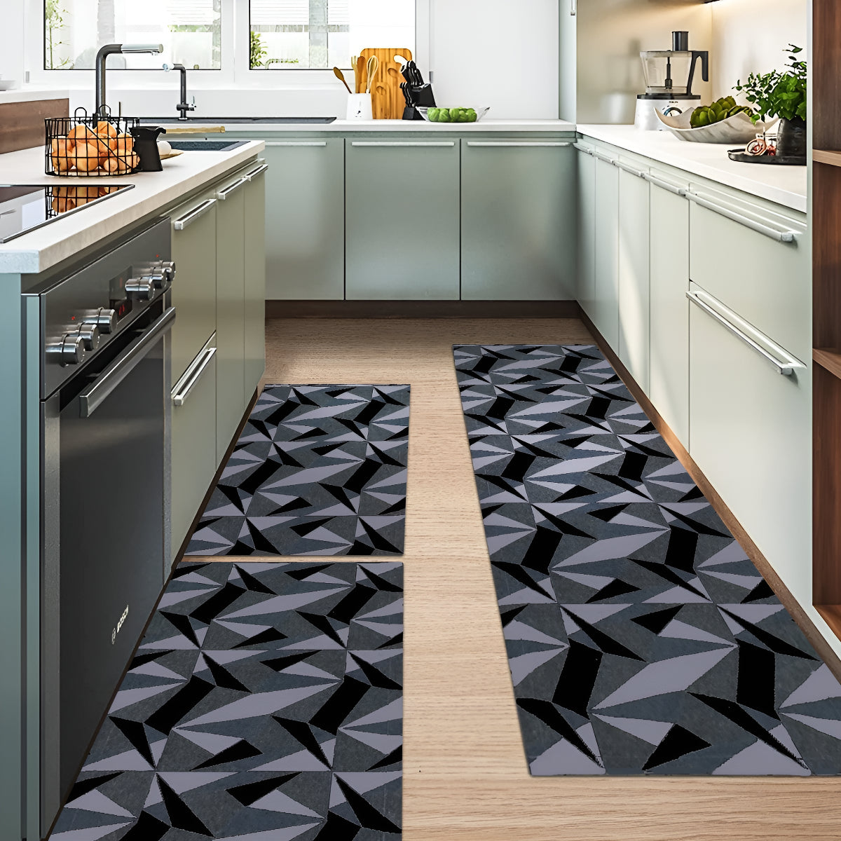 Jogo Tapetes Cozinha Antiderrapante Geométrico Sato Bicchiere Preto