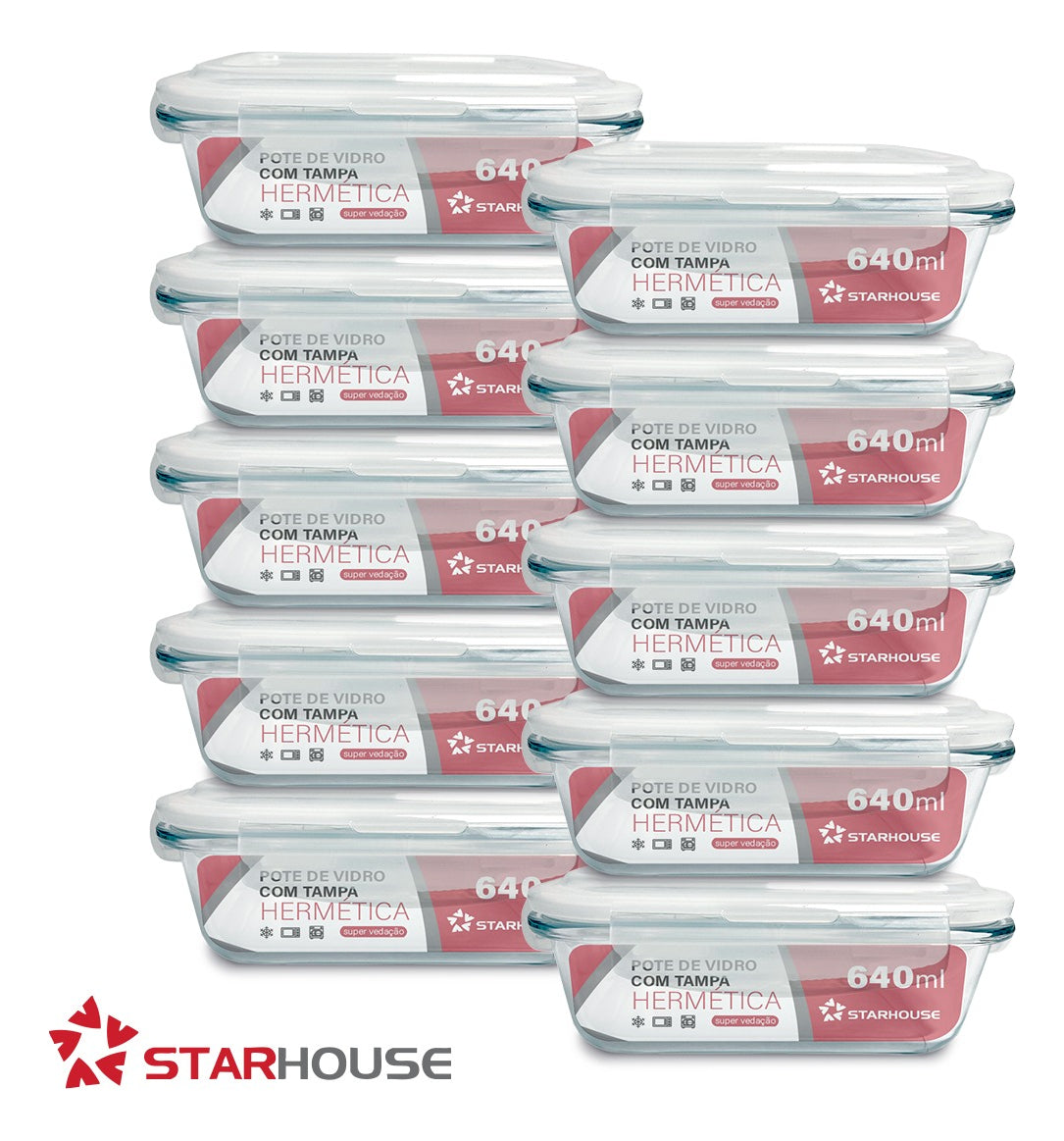 Kit 10 Potes Herméticos Vidro 640ml Starhouse Marmita Forno